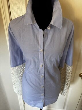 Chico's Light Blue Button-Down Shirt with White Lace Sleeves